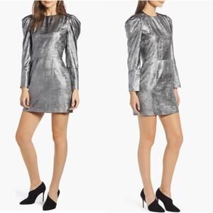 Something Navy Foil mini dress Sz Medium Silver metallic puff sleeves Rave party